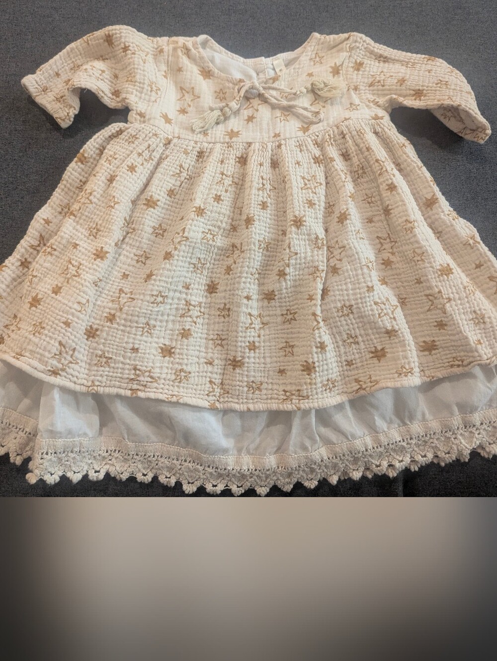 Wild Wawa Cream Star-Print Girls' Casual Dress with Lace Hem